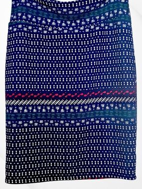 LuLaRoe Navy Pencil Skirt with White Pattern and Red Stripe